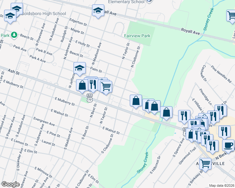 map of restaurants, bars, coffee shops, grocery stores, and more near 405 North Claiborne Street in Goldsboro