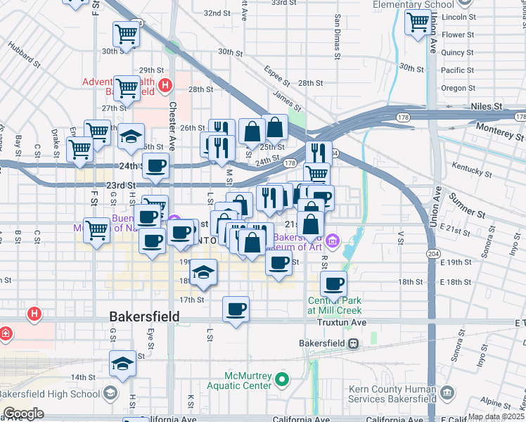 map of restaurants, bars, coffee shops, grocery stores, and more near 2125 O Street in Bakersfield
