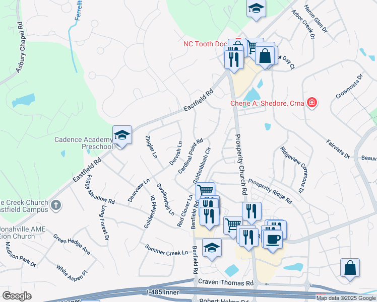 map of restaurants, bars, coffee shops, grocery stores, and more near 12443 Cardinal Point Road in Charlotte