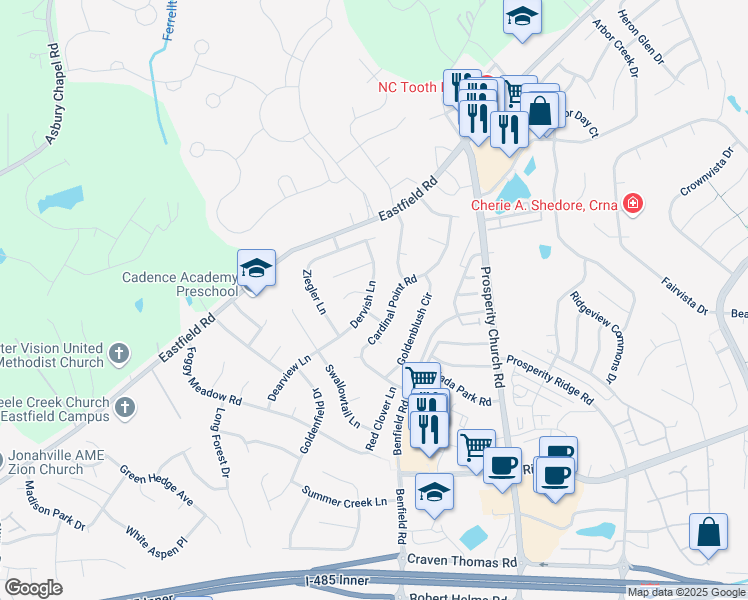 map of restaurants, bars, coffee shops, grocery stores, and more near 12532 Dervish Lane in Charlotte