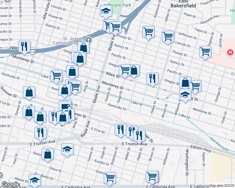 map of restaurants, bars, coffee shops, grocery stores, and more near 1104 Gage Street in Bakersfield