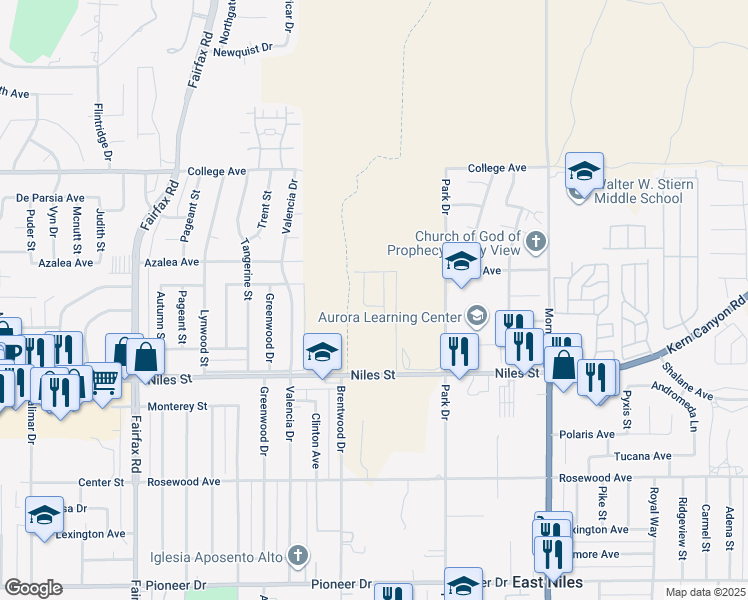 map of restaurants, bars, coffee shops, grocery stores, and more near 7414 Glendale Avenue in Bakersfield