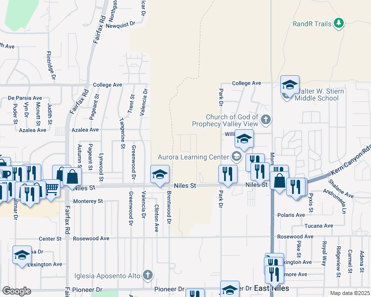 map of restaurants, bars, coffee shops, grocery stores, and more near 7414 Glendale Avenue in Bakersfield