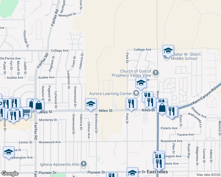 map of restaurants, bars, coffee shops, grocery stores, and more near 2301 Park Drive in Bakersfield
