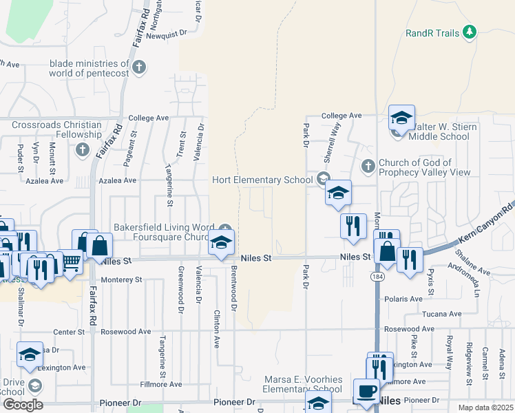 map of restaurants, bars, coffee shops, grocery stores, and more near 2301 Park Drive in Bakersfield