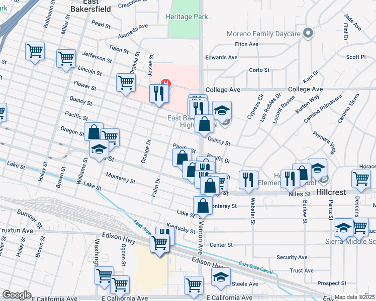 map of restaurants, bars, coffee shops, grocery stores, and more near 2120 Pacific Street in Bakersfield