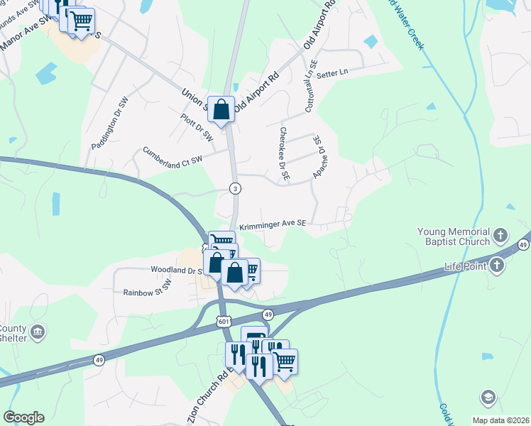 map of restaurants, bars, coffee shops, grocery stores, and more near 1204 Abbey Lane Southeast in Concord