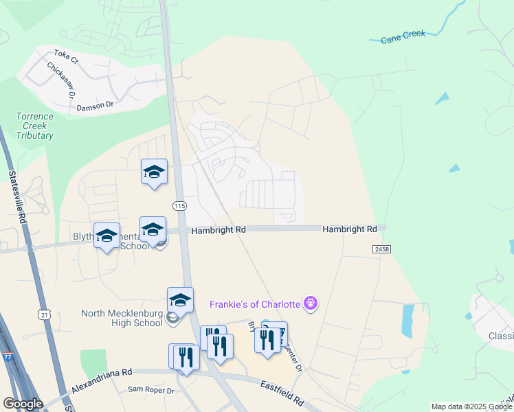 map of restaurants, bars, coffee shops, grocery stores, and more near 11721 Blessington Road in Huntersville