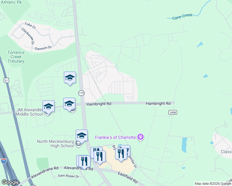map of restaurants, bars, coffee shops, grocery stores, and more near 11721 Blessington Road in Huntersville