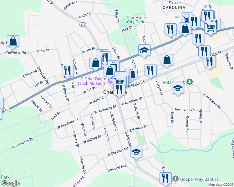 map of restaurants, bars, coffee shops, grocery stores, and more near in Cherryville