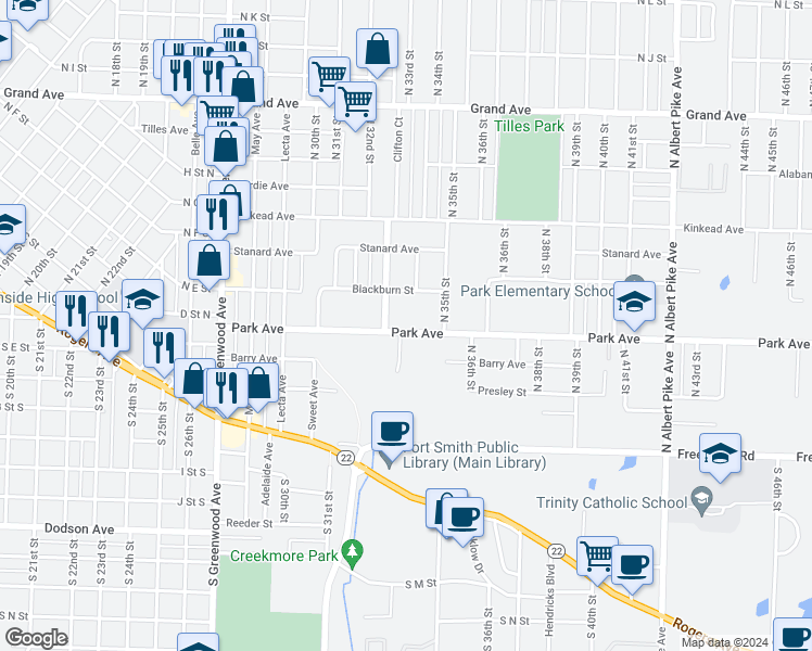 map of restaurants, bars, coffee shops, grocery stores, and more near 400 Melrose Avenue in Fort Smith