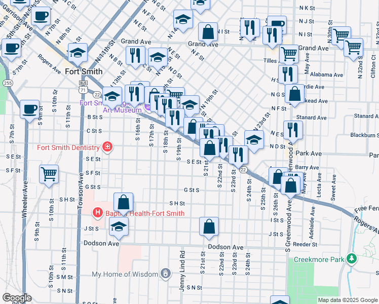 map of restaurants, bars, coffee shops, grocery stores, and more near 2008 Rogers Avenue in Fort Smith