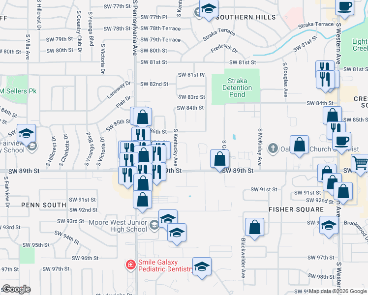 map of restaurants, bars, coffee shops, grocery stores, and more near 1432 Southwest 87th Street in Oklahoma City