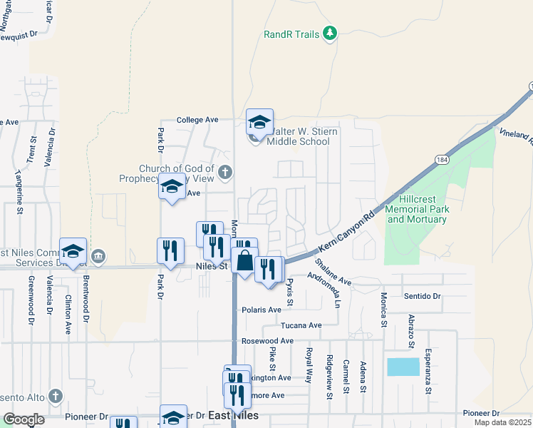 map of restaurants, bars, coffee shops, grocery stores, and more near Jill Drive in Bakersfield