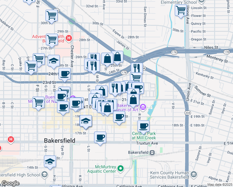 map of restaurants, bars, coffee shops, grocery stores, and more near 2125 O Street in Bakersfield