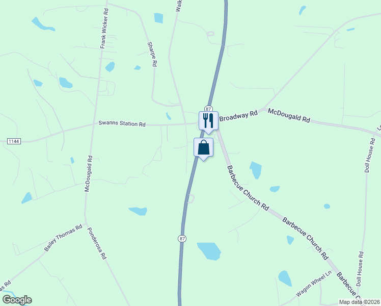 map of restaurants, bars, coffee shops, grocery stores, and more near 5145 North Carolina 87 in Sanford