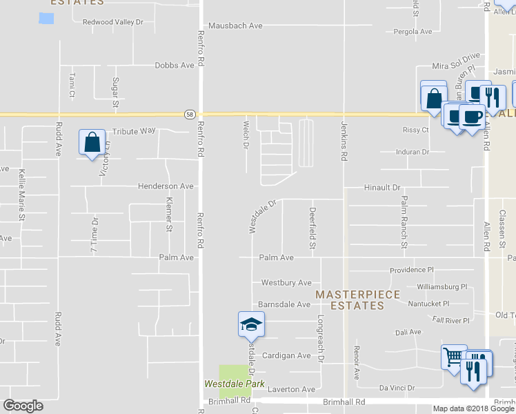 map of restaurants, bars, coffee shops, grocery stores, and more near 14200 Westdale Drive in Bakersfield