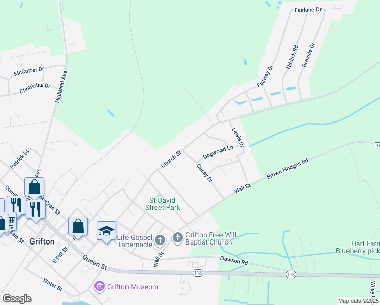 map of restaurants, bars, coffee shops, grocery stores, and more near 613 Casey Drive in Grifton