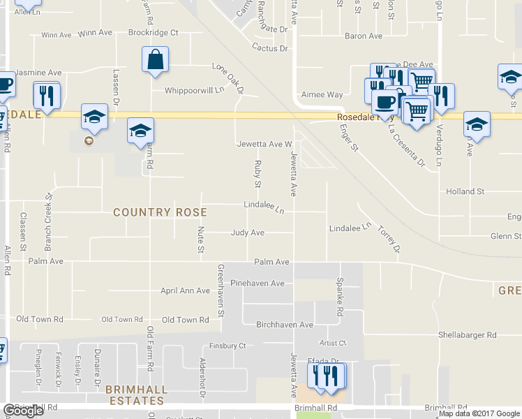 map of restaurants, bars, coffee shops, grocery stores, and more near 11407 Lindalee Lane in Bakersfield