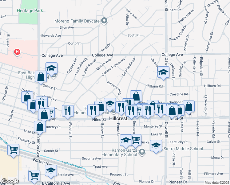 map of restaurants, bars, coffee shops, grocery stores, and more near 1652 Camino Sierra in Bakersfield