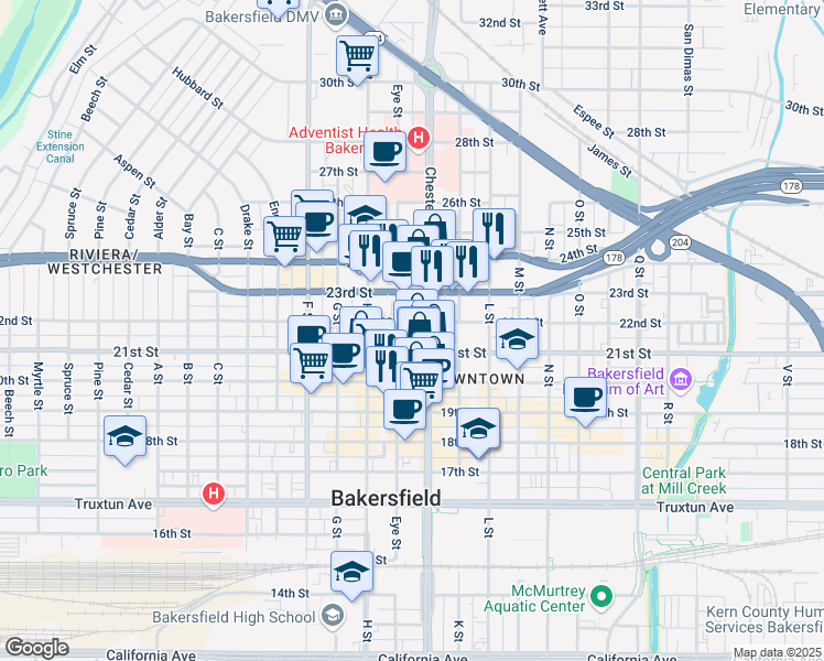 map of restaurants, bars, coffee shops, grocery stores, and more near 2127 Chester Ave in Bakersfield