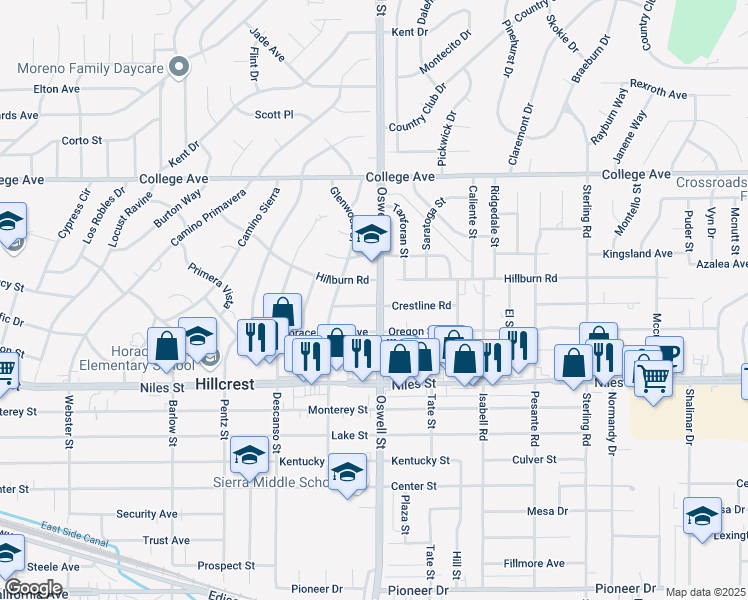 map of restaurants, bars, coffee shops, grocery stores, and more near 3032 Crestline Road in Bakersfield