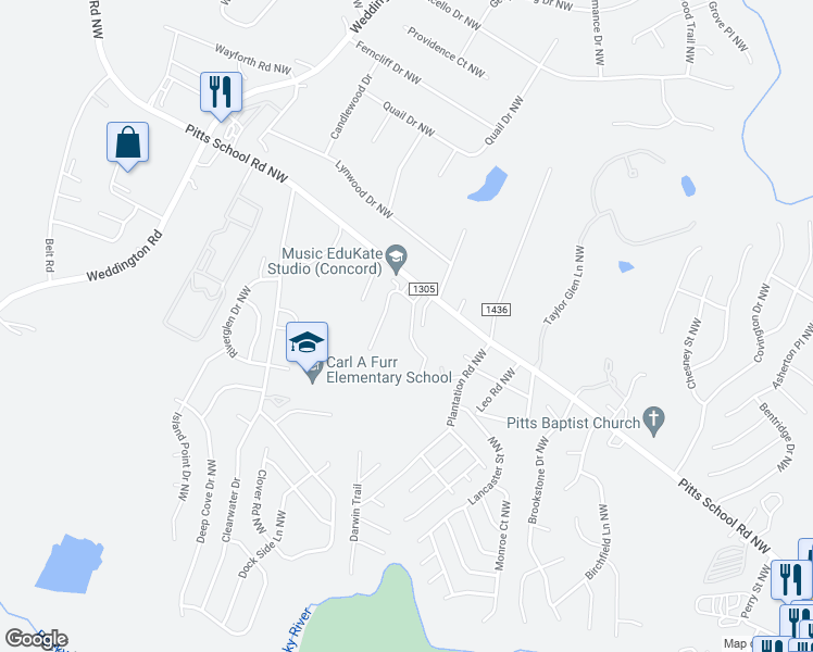 map of restaurants, bars, coffee shops, grocery stores, and more near 2572 Brackley Place Northwest in Concord