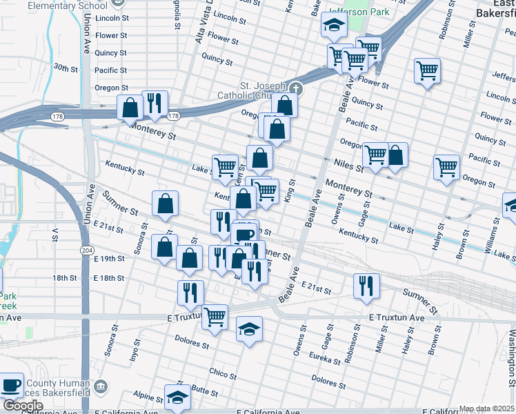 map of restaurants, bars, coffee shops, grocery stores, and more near Kentucky St & Baker St in Bakersfield