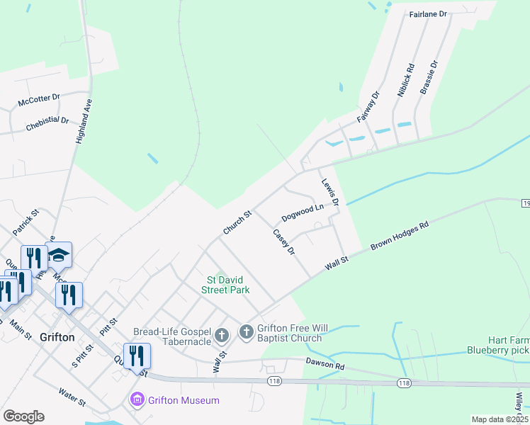 map of restaurants, bars, coffee shops, grocery stores, and more near 613 Casey Drive in Grifton