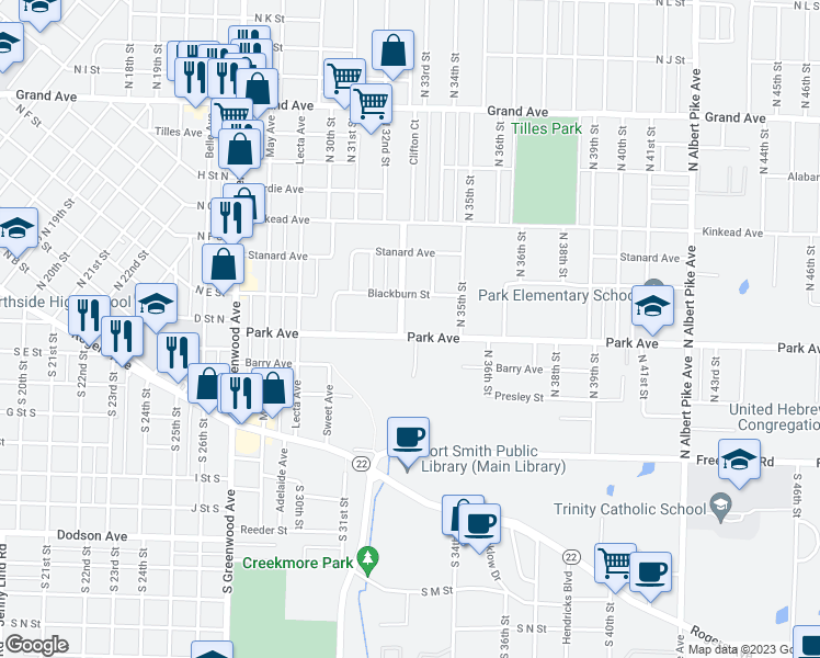 map of restaurants, bars, coffee shops, grocery stores, and more near 400 Melrose Avenue in Fort Smith