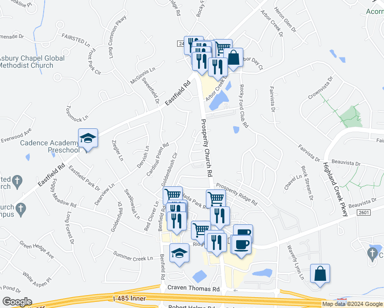 map of restaurants, bars, coffee shops, grocery stores, and more near 4602 Quinton Lane in Charlotte