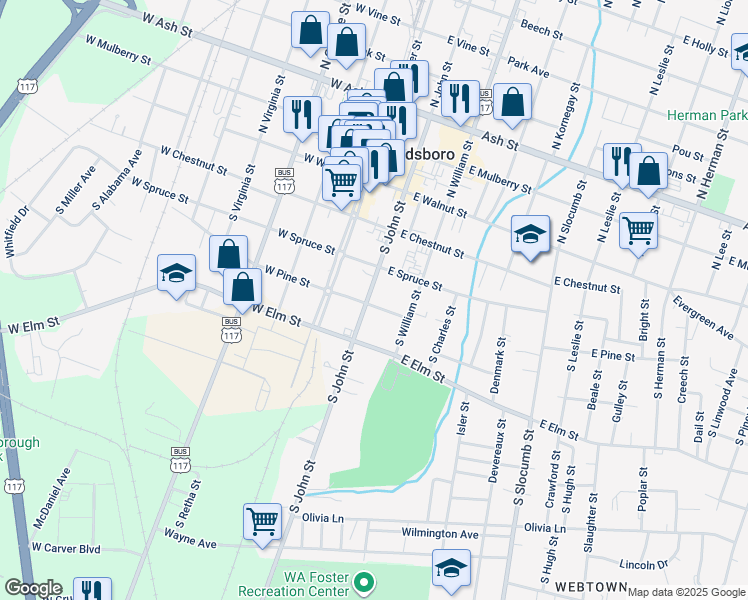 map of restaurants, bars, coffee shops, grocery stores, and more near 310 South John Street in Goldsboro