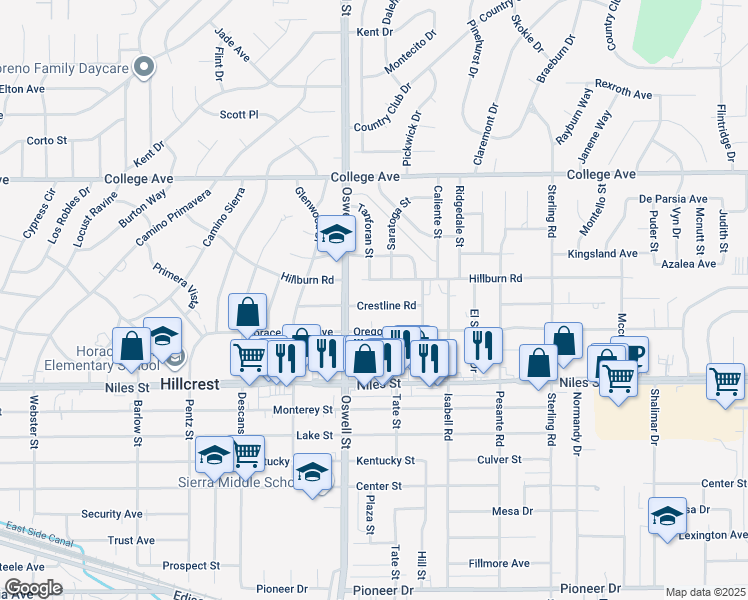 map of restaurants, bars, coffee shops, grocery stores, and more near 3112 Crestline Road in Bakersfield