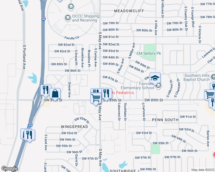 map of restaurants, bars, coffee shops, grocery stores, and more near 2824 Southwest 88th Street in Oklahoma City