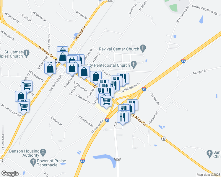 map of restaurants, bars, coffee shops, grocery stores, and more near 604 East Church Street in Benson