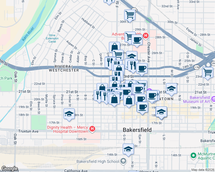 map of restaurants, bars, coffee shops, grocery stores, and more near 2001 22nd Street in Bakersfield