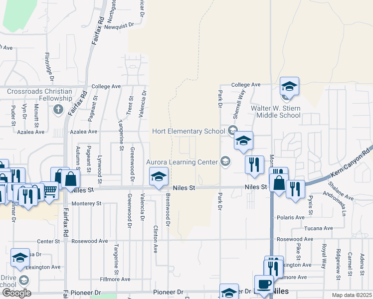 map of restaurants, bars, coffee shops, grocery stores, and more near 2706 Mallow Way in Bakersfield