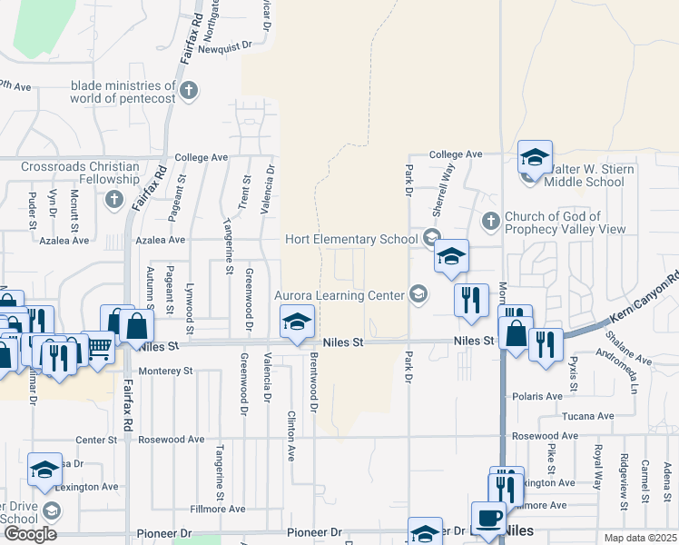 map of restaurants, bars, coffee shops, grocery stores, and more near 2713 Marivale Street in Bakersfield