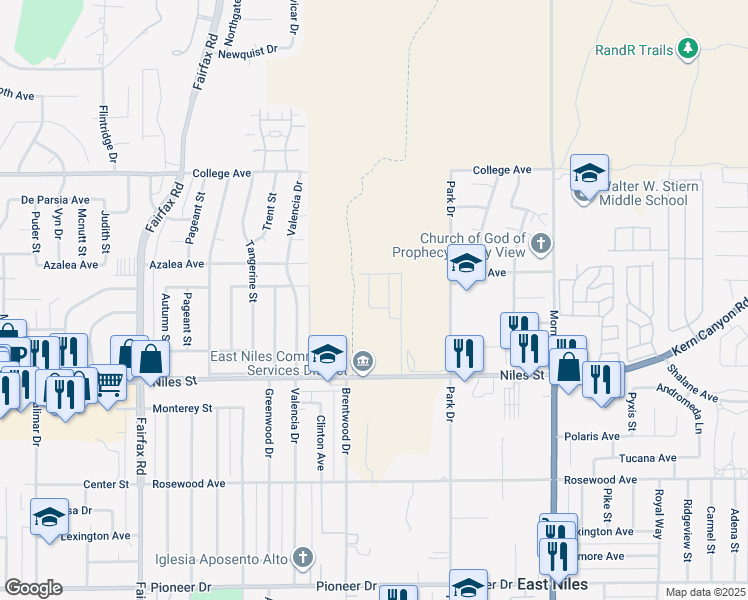 map of restaurants, bars, coffee shops, grocery stores, and more near 2713 Marivale Street in Bakersfield