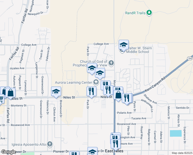 map of restaurants, bars, coffee shops, grocery stores, and more near 2301 Park Drive in Bakersfield