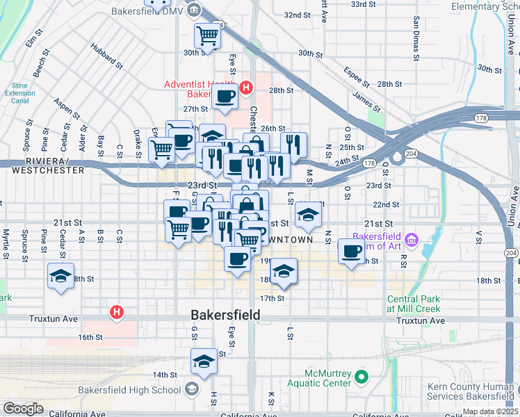 map of restaurants, bars, coffee shops, grocery stores, and more near 2127 Chester Avenue in Bakersfield