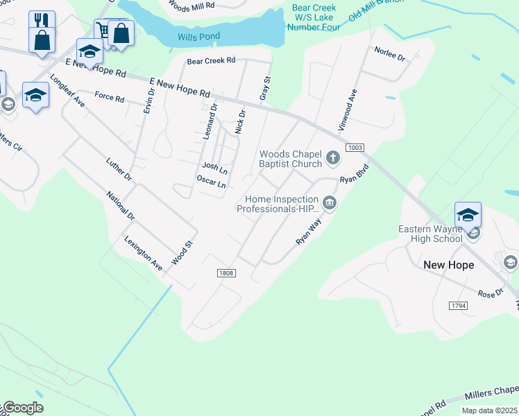 map of restaurants, bars, coffee shops, grocery stores, and more near 309 Goldleaf Drive in Goldsboro