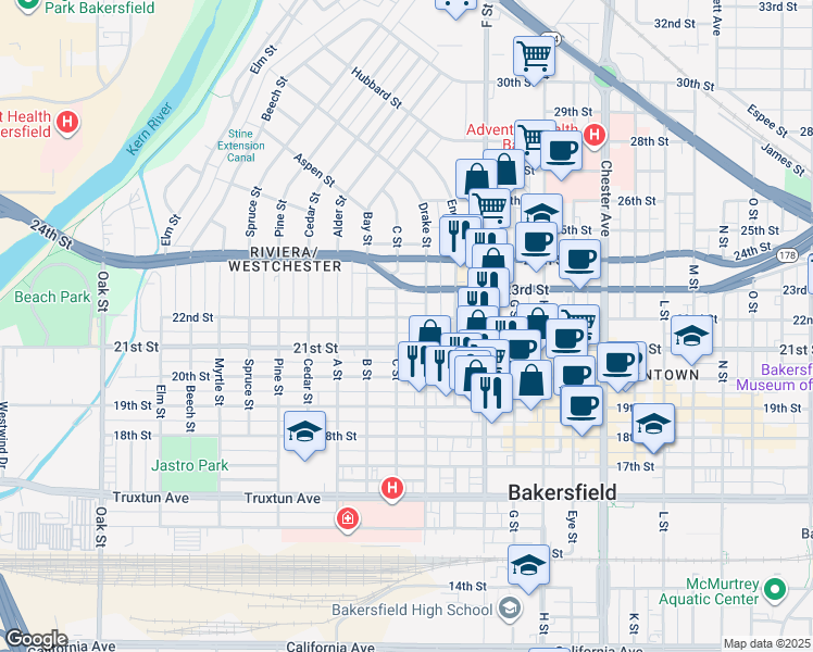 map of restaurants, bars, coffee shops, grocery stores, and more near 2121 22nd Street in Bakersfield