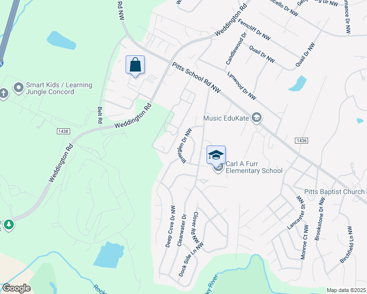 map of restaurants, bars, coffee shops, grocery stores, and more near 457 Riverglen Drive Northwest in Concord