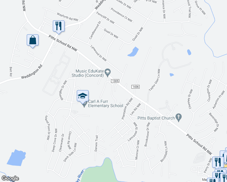 map of restaurants, bars, coffee shops, grocery stores, and more near 2571 Brackley Place Northwest in Concord