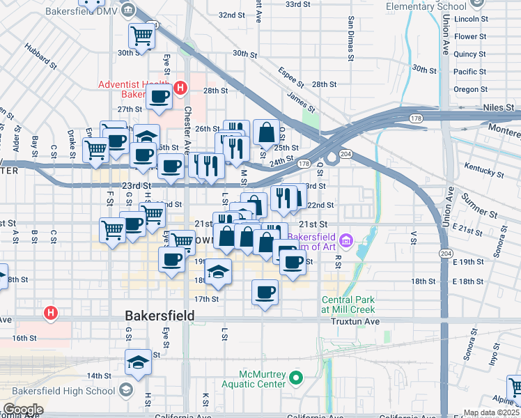 map of restaurants, bars, coffee shops, grocery stores, and more near 1115 22nd Street in Bakersfield