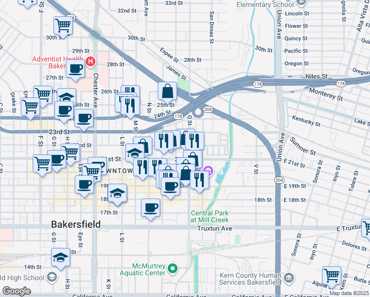 map of restaurants, bars, coffee shops, grocery stores, and more near 811 22nd Street in Bakersfield