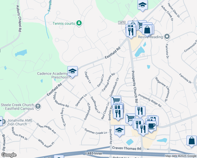map of restaurants, bars, coffee shops, grocery stores, and more near 9626 Duxford Lane in Charlotte
