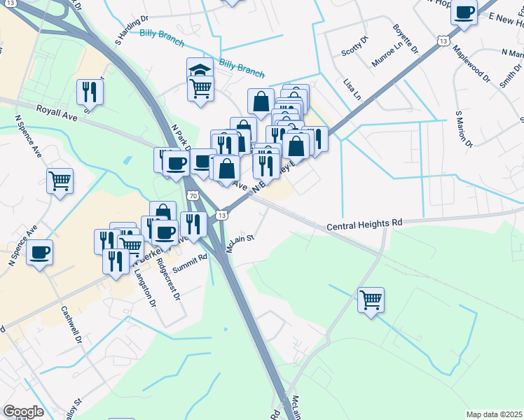 map of restaurants, bars, coffee shops, grocery stores, and more near 2904 Central Heights Road in Goldsboro