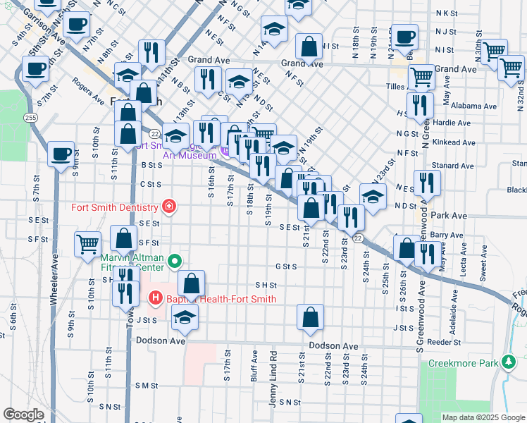 map of restaurants, bars, coffee shops, grocery stores, and more near 500 South 19th Street in Fort Smith